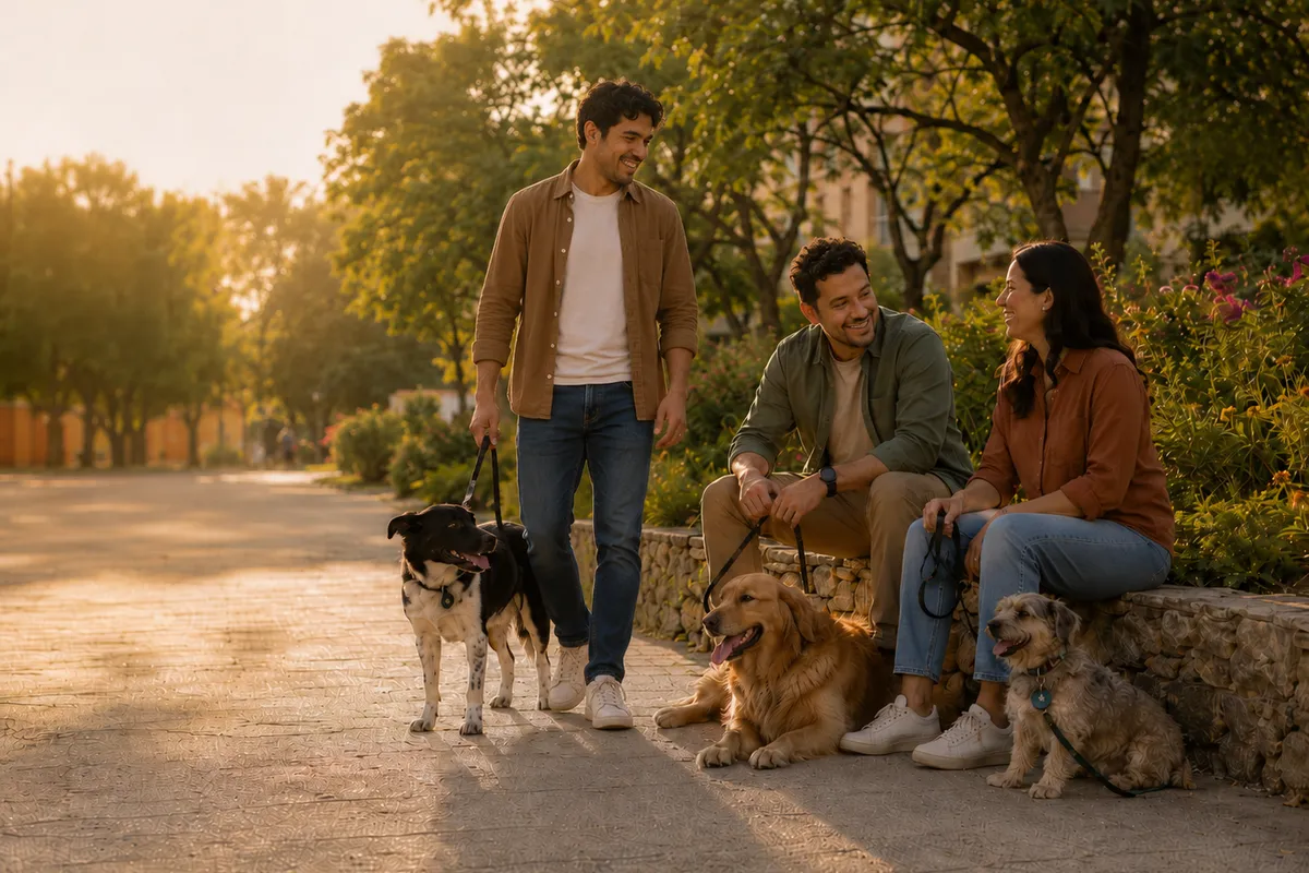 Grupo de personas con perros conviviendo en un parque urbano.