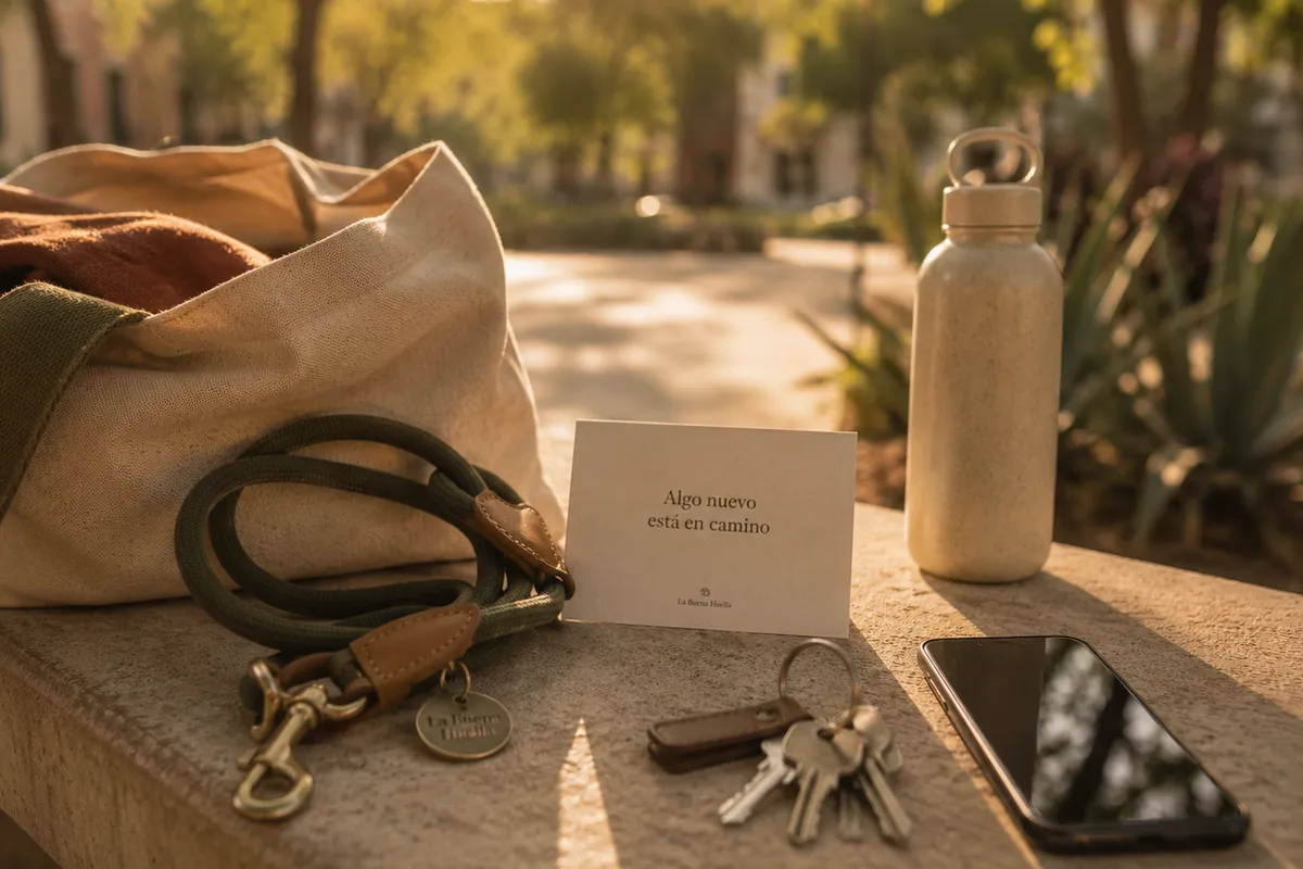Objetos de paseo sobre una banca con una tarjeta que dice algo nuevo está en camino.