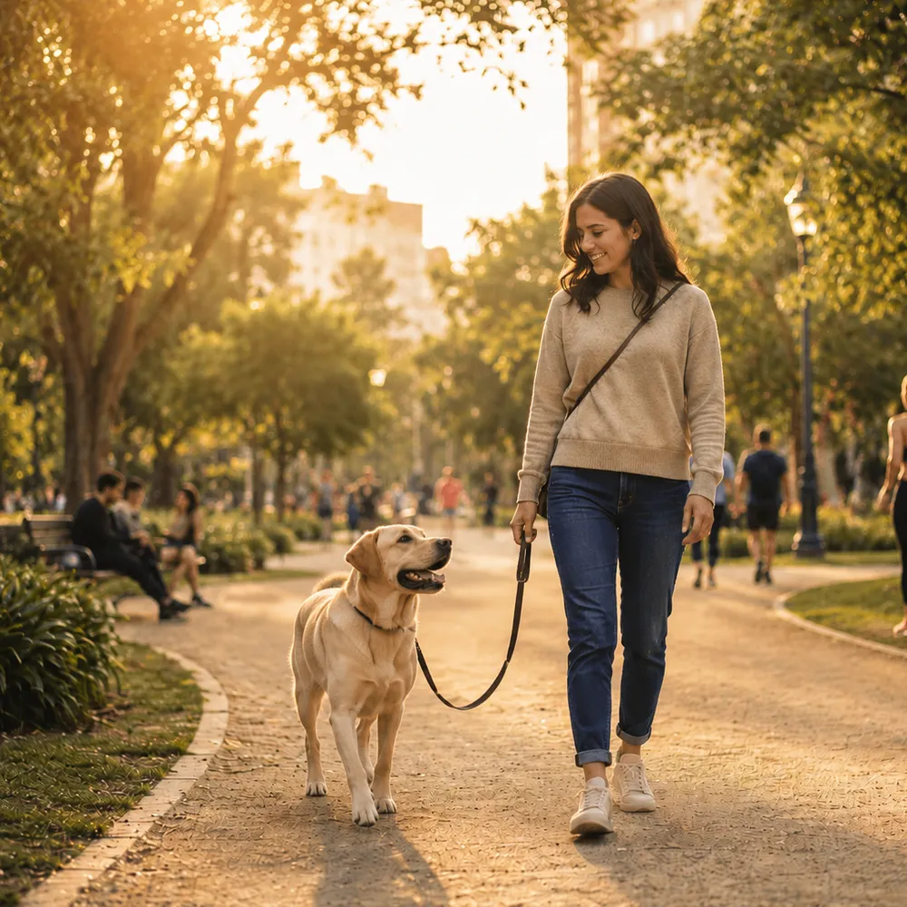 Persona caminando con un labrador en un parque urbano con personas al fondo.