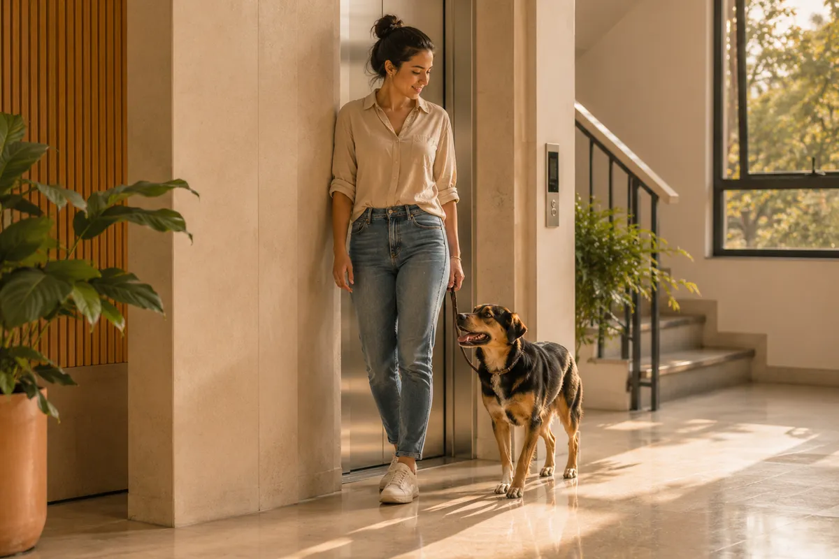 Persona con perro tranquilo en un lobby residencial limpio.